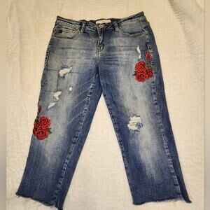 Kancan Embroidered Floral Frayed Distressed Cropped Jeans, Size 5 / Size 26